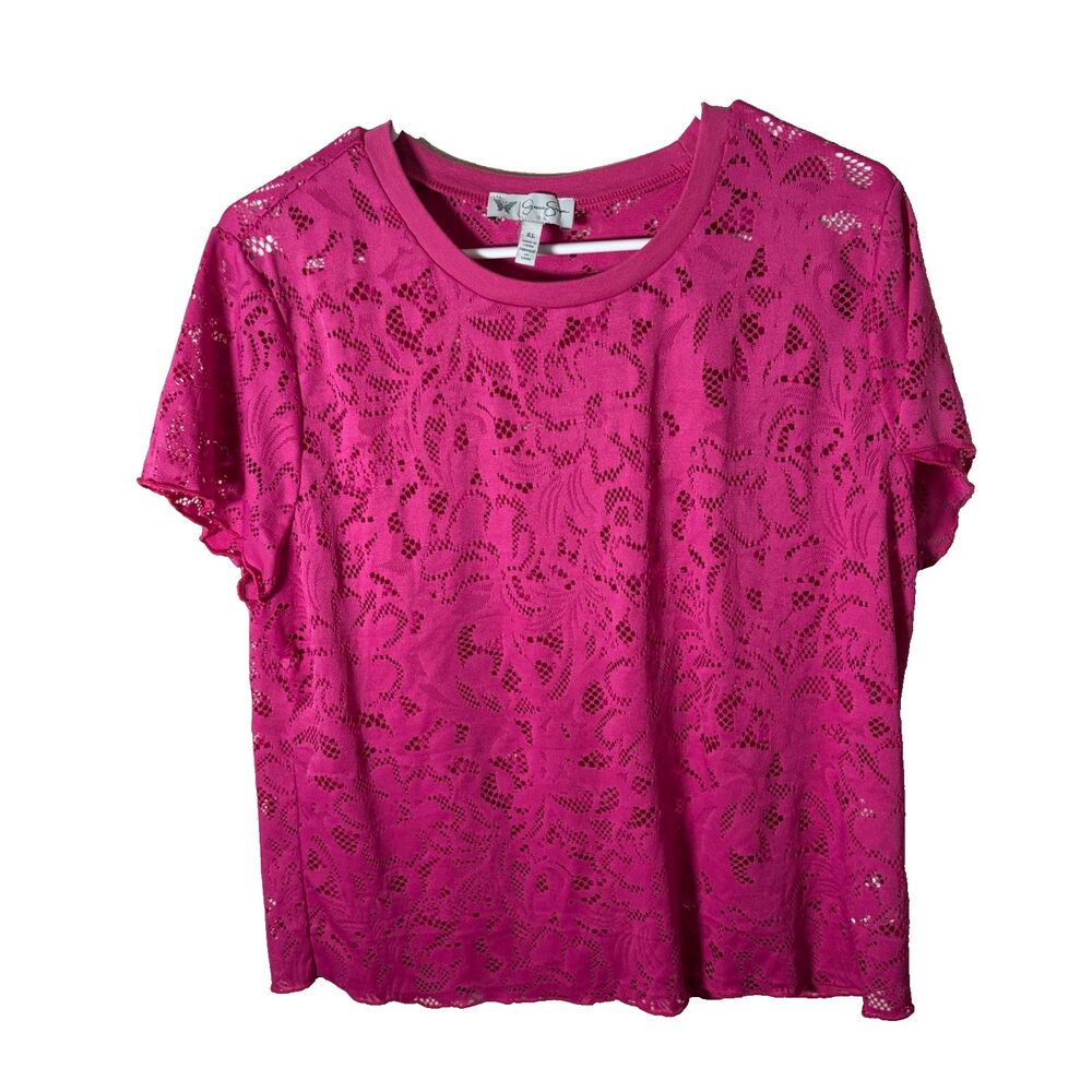 Jessica Simpson T-Shirt Women's XL Pink Eyelet Short Sleeve Crew Neck Shirt